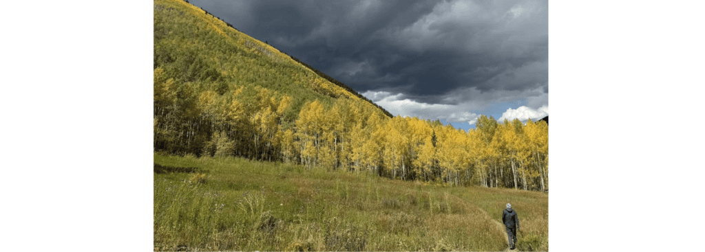 American Lake Trail with yellow mountain and hiker.